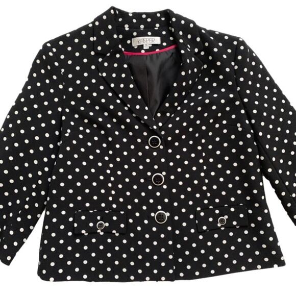 Kasper Blazer Jacket Black White Polka Dot 3/4 Sleeve Button Front Size 10 - Picture 7 of 12